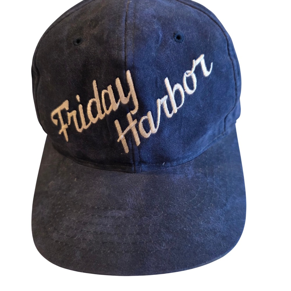 Vintage Friday Harbor Navy Blue Faux Suede Snapback Hat Green Underbill 80s